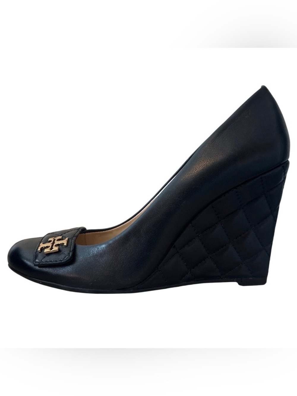 Tory Burch Marion Quilted Leather Wedge Pumps Black Gold Logo Size 8.5